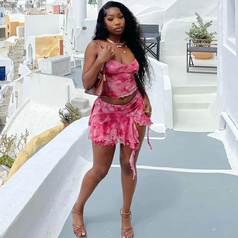 ANJAMANOR Pink Mesh Sheer Sexy Two Piece Set Ruffle Mini Skirt and Cami Top Summer Vacation Outfits for Women Clubwear D17-CF23 250320