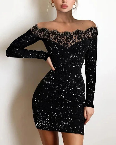 Chinese Year womens fashionable elegant casual sexy long sleeved lace trimmed single shoulder silver powder short dress 250320