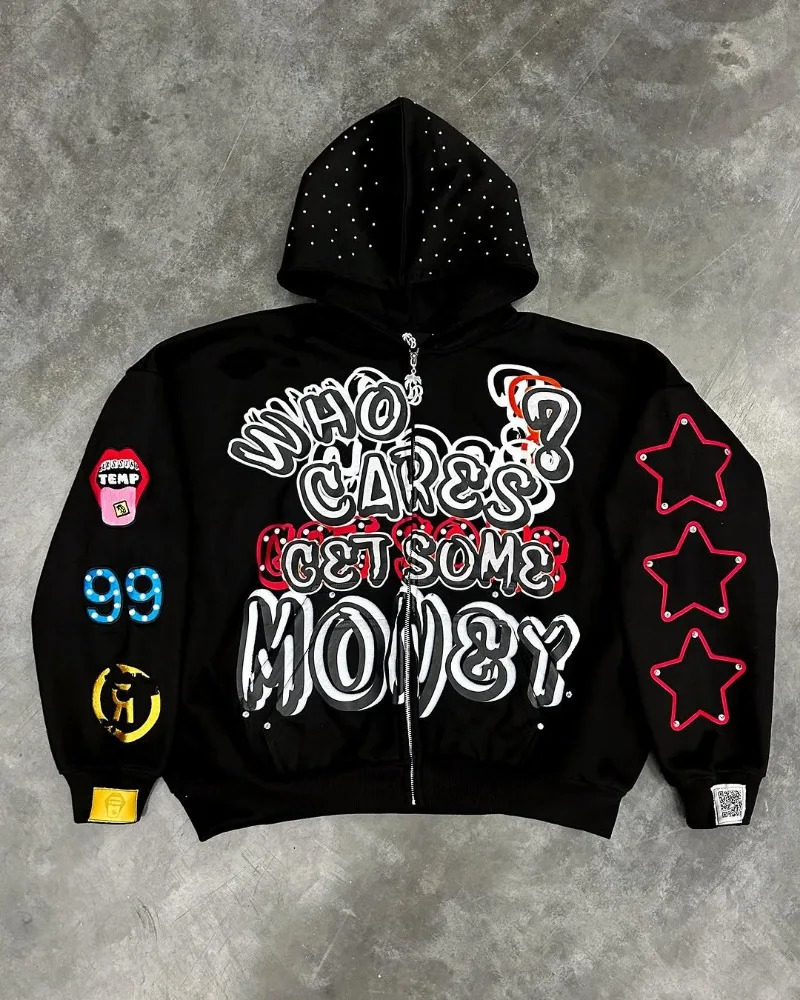 American Trendy s High Street Loose Casual Cartoon Printed Zipper Hoodie Men Y2k Hiphop Rock Oversized Sweatshirt Women 250317