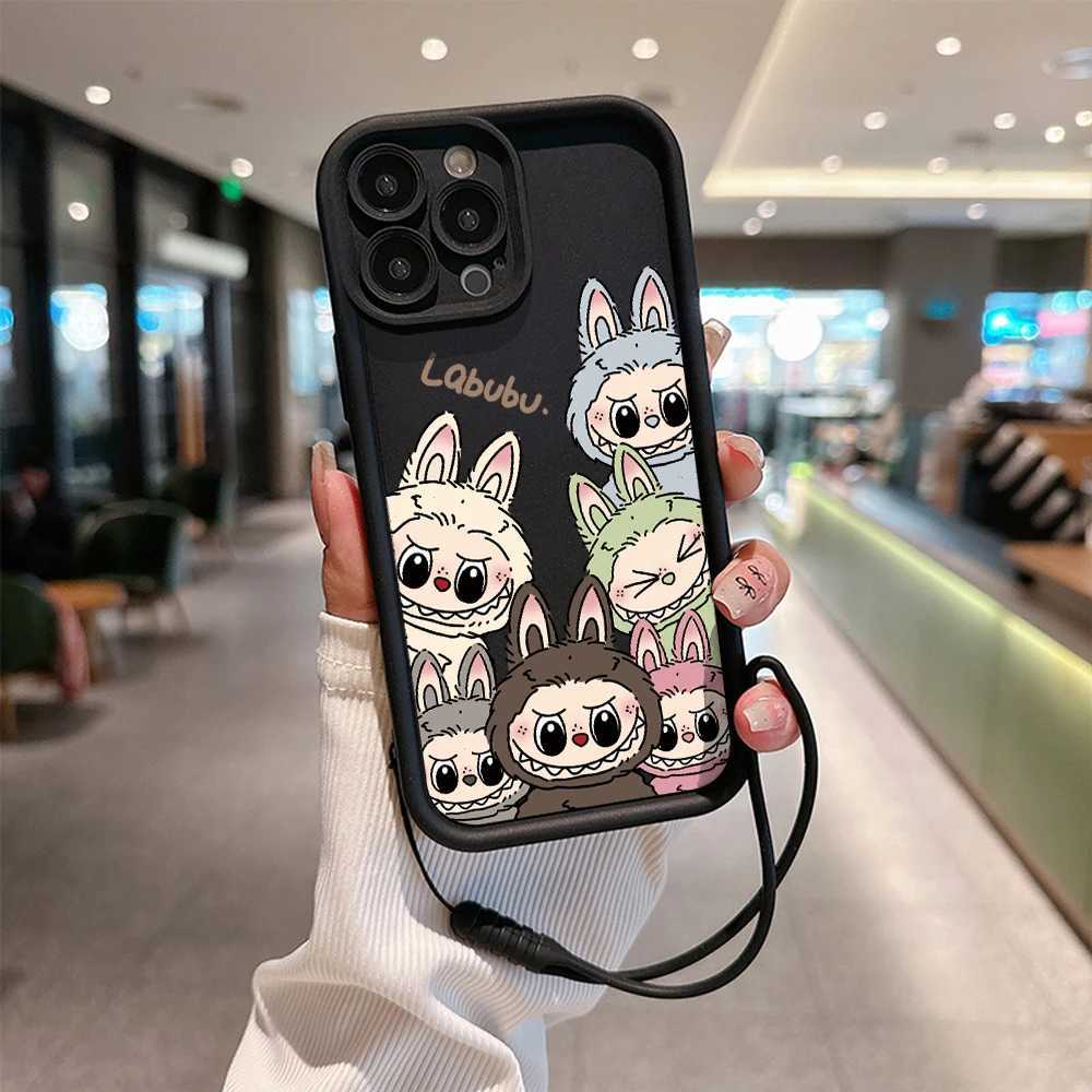 New Kawaii Cute Labubu phone case suitable for 15 14 13 11 Pro Max Mini XR XS X 7 8 Plus soft TPU back cover with hand strapXJ250321
