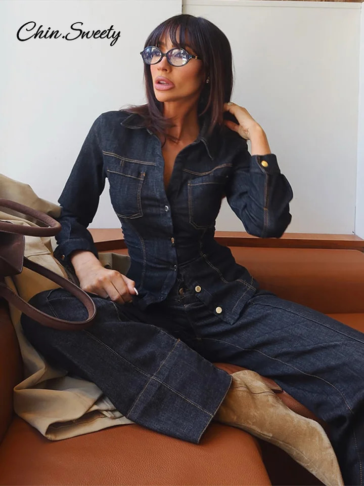 Denim jeans set womens waist lapel single chest long sleeved jacket wide leg pants spring pleated high street set 2 pieces 250320