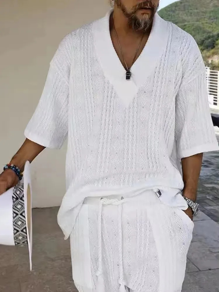summer mens casual sweater solid color white black khaki suit loose short sleeve T-shirt shorts two-piece set 250320