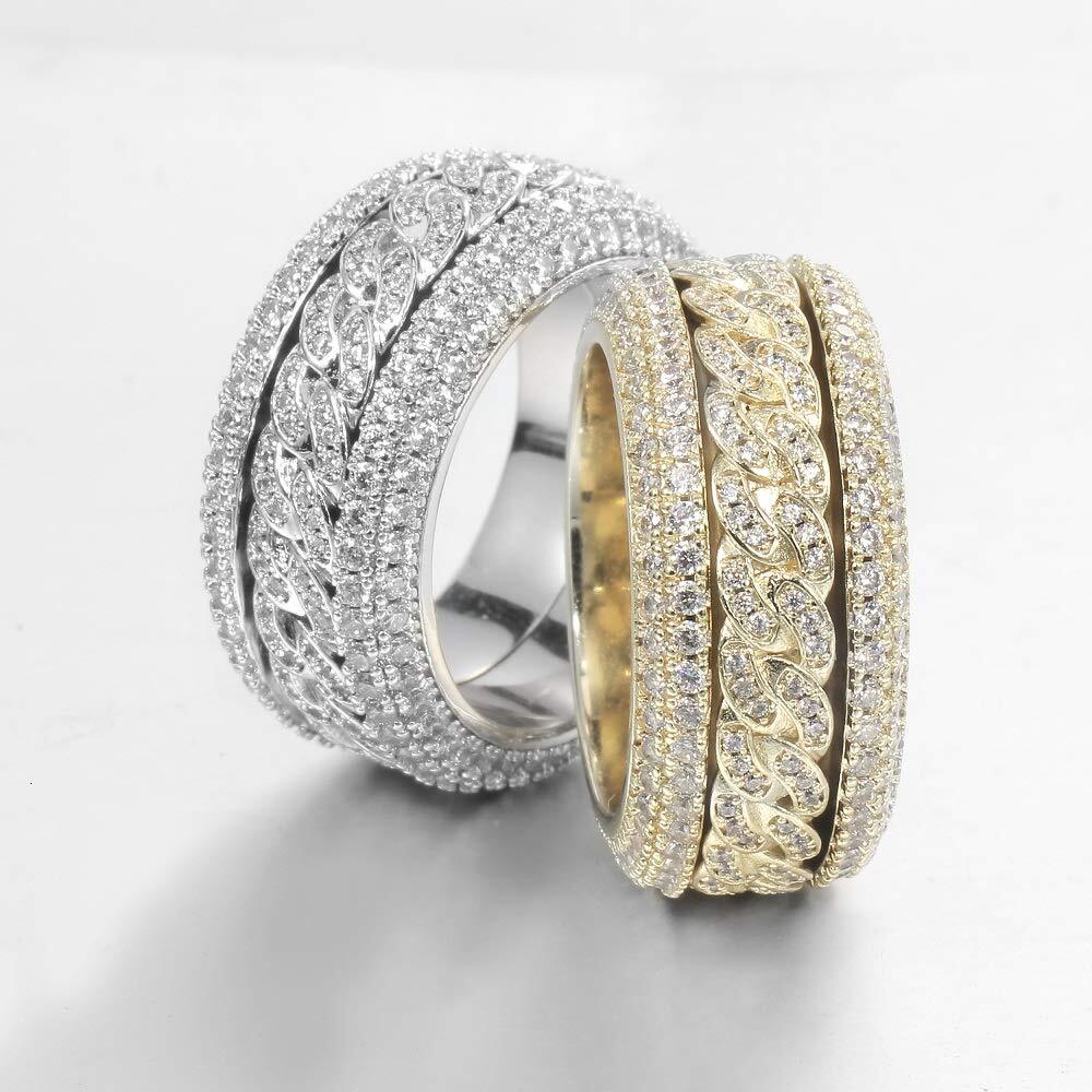 Fashion Iced Out Gold Plated Bling Cz Spinner Cuban Ring Cubic Zirconia Eternity for Mens Womens