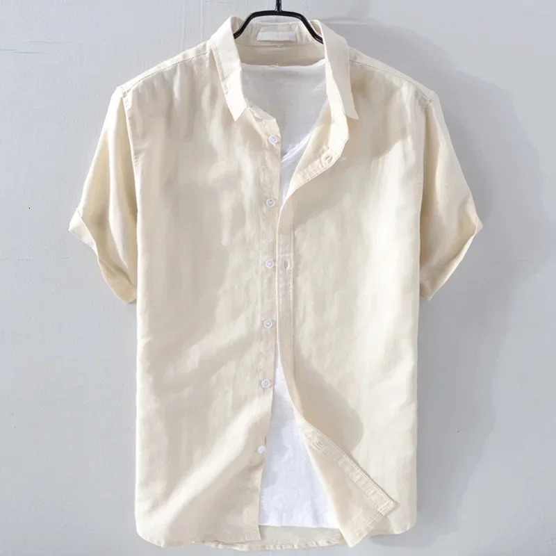 Pure Linen Short Sleeve Shirt For Men Casual Summer Half Sleeve Cotton Linen Fabric White Color Mens Wear Top 250320