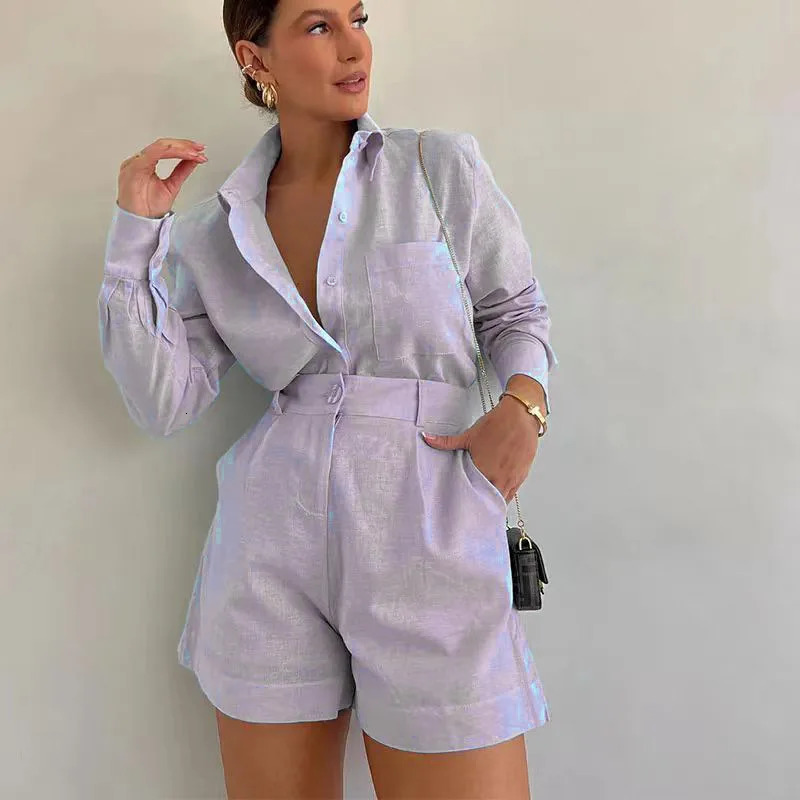Fashion Womens Outfits Sets Button Pockets Lapel Shirt Short Pants Elegant Long Sleeves 2 Pieces Vacation Solid Blouse Sets 250318
