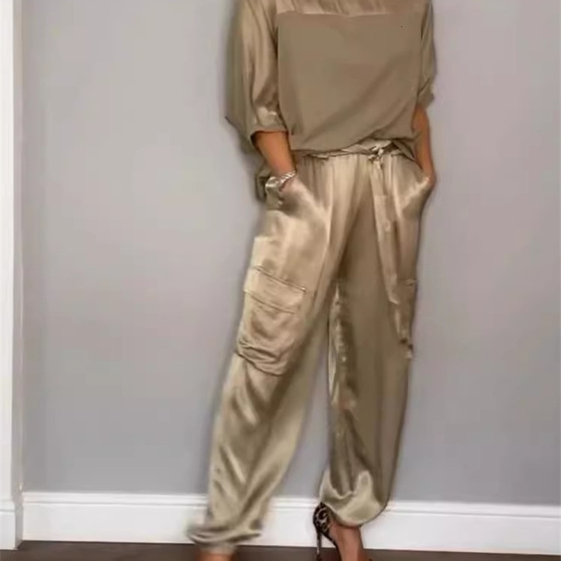 For Women Spring Summer Fashion Solid Color Satin Two Piece Set O Neck Long Sleeve Top Long Pants Casual Loose Two Piece Set 250320