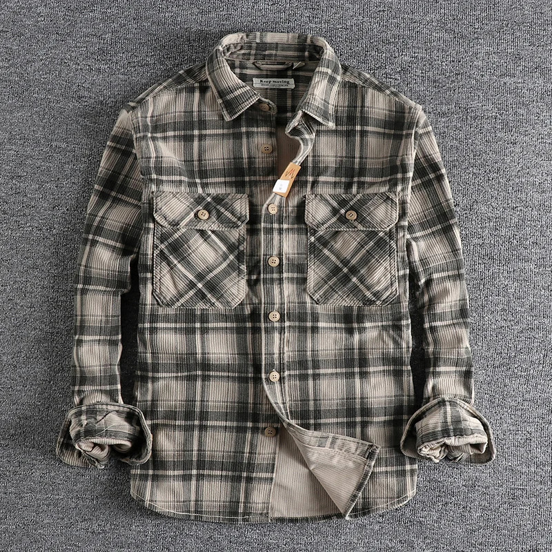 May Khaki retro spring and autumn style mens long-sleeved shirt washed corduroy comfortable daily all-match coat 250317