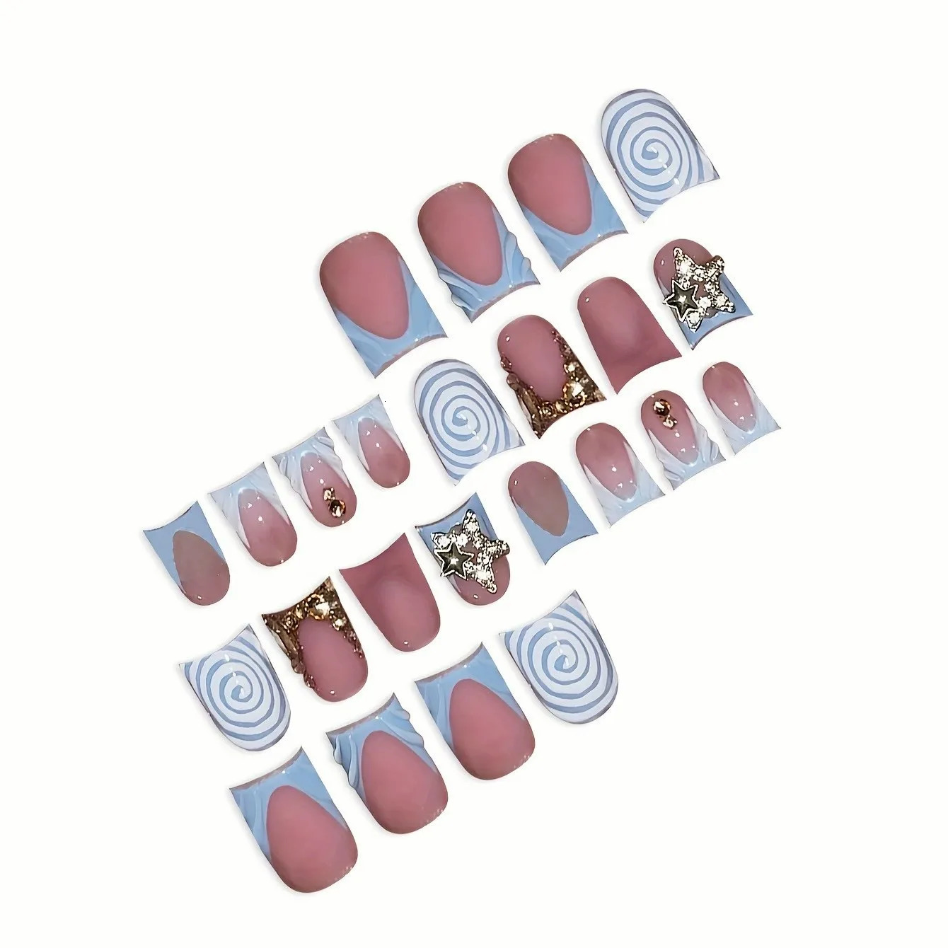 24pcs Short Duckbill False Nails Wearable Blue French Fake Nails Star Flash Rhinestones Decor Gradient y2k Nails Press On Nails 250319