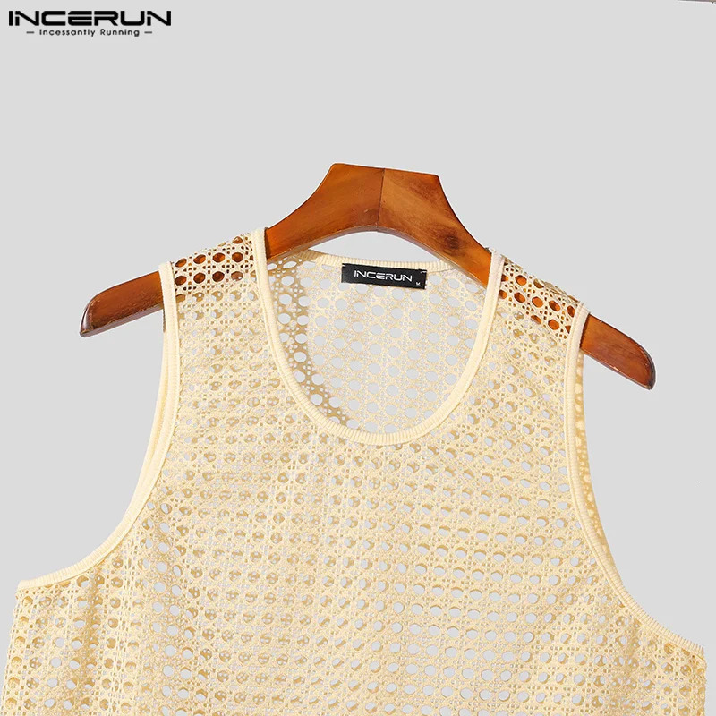 INCERUN Tops American Fashion Mens Vacation Style Hollow Mesh Tank Top Sexy Casual Summer Mens Sleeveless Tank Top S-5XL 250318