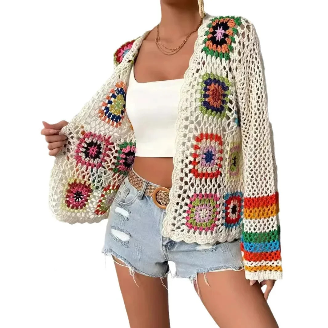 Hand-Knitted Long-Sleeve Knitwear Bohemian Colorful Plaid n Spring Autumn Womens Fashion Thin Model Made in China 250320