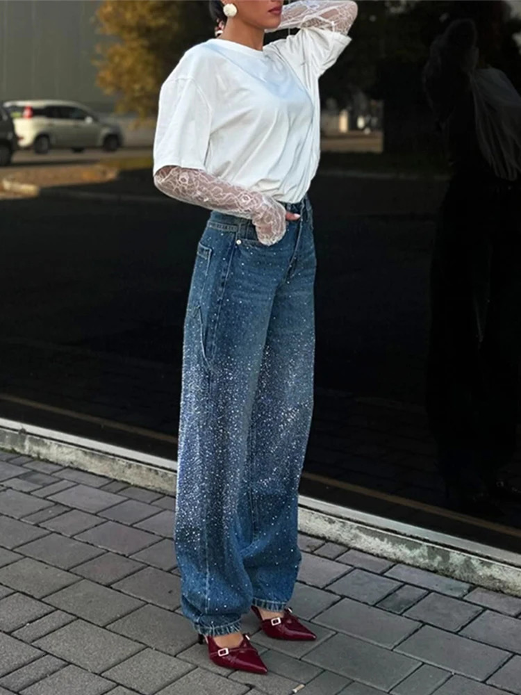 Rhinestone Blue Jeans Women Casual High Wait Wide Legs Pockets Denim Pant Female Spring Lady Y2k Street Baggy Trousers 250320