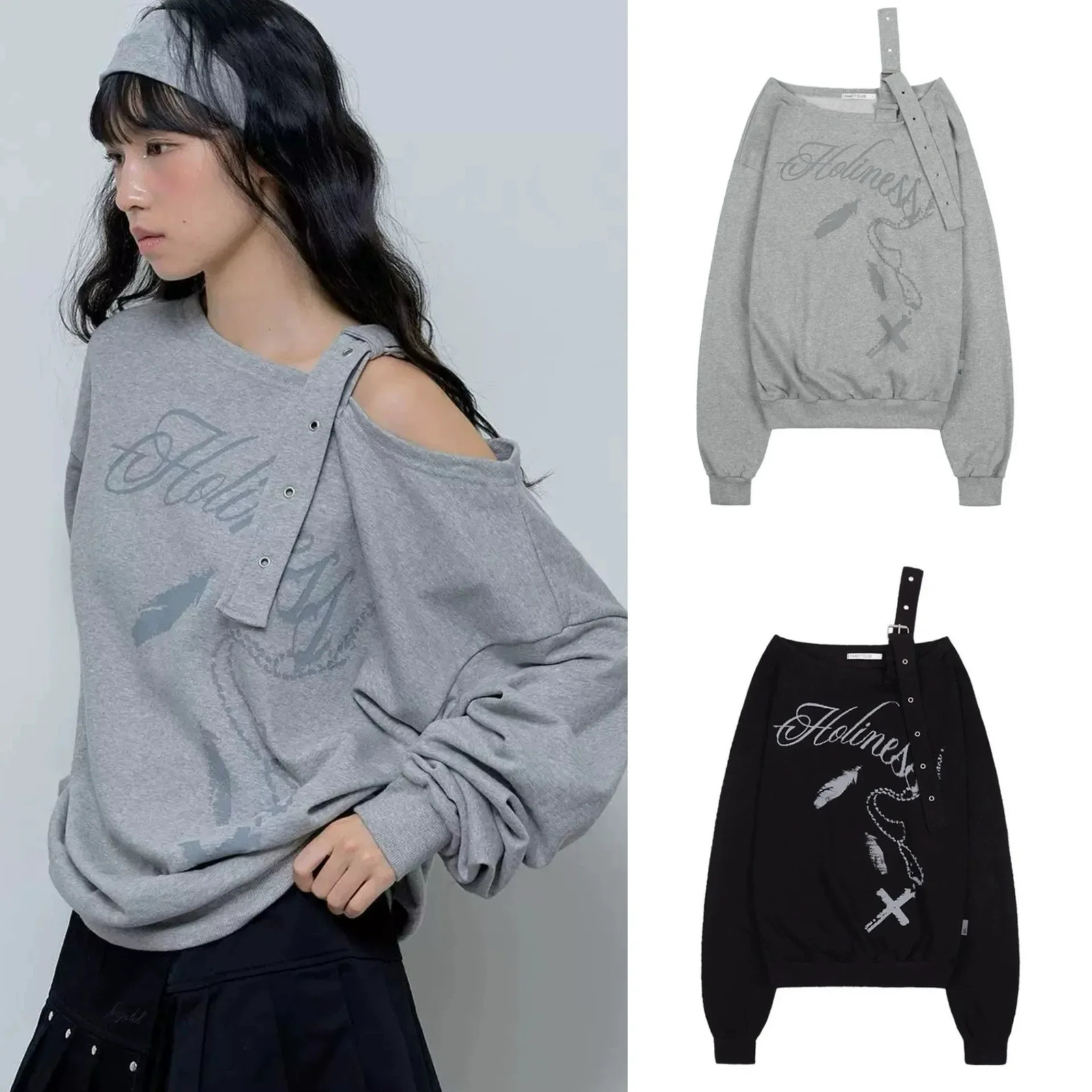 Korean Early Spring Spicy Harajuku Print Asymmetric Shoulder Banded Sweatshirt Womens Top Half Open Collar China Origi 250320