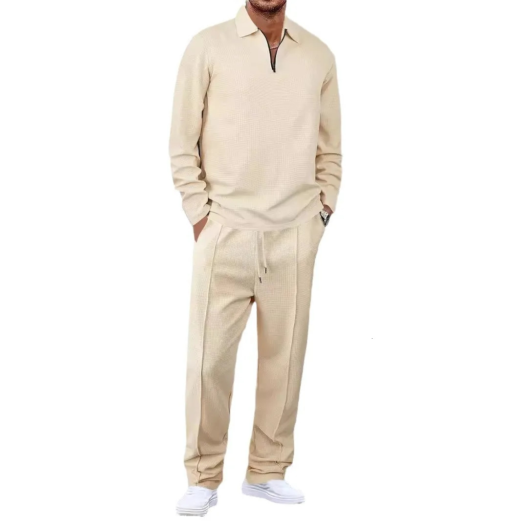 Mens Waffle Set Long Sleeve Striped Polo Shirt Set Fashion Casual Zipper Collar Set Mens Clothes 250320