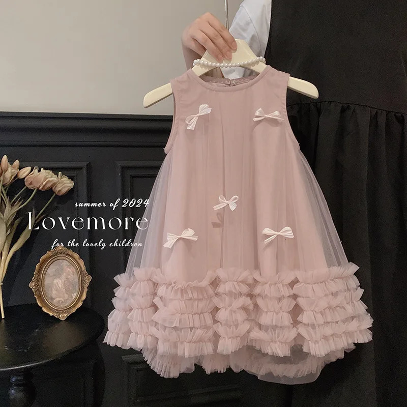 Summer Kids Girl Party Princess Dresses Bow Sweet Sleeveless Infant Baby Girls Tulle Dress Gauze Dresses for Girls 2 To 8 R250424