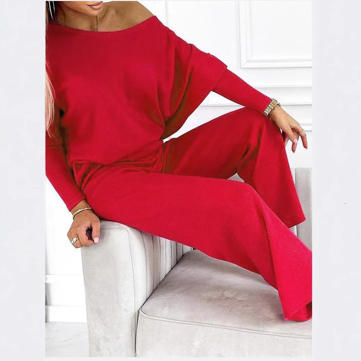 Autumn Womens Solid Color Fashion Casual Slant Shoulder Sports Pants Long Set for Women 240325