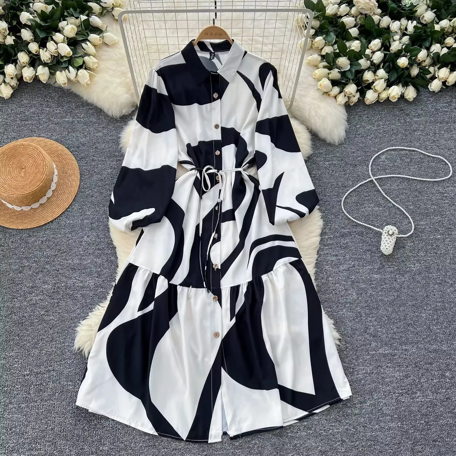 Spring Fashion Long Sleeved Print LaceUp Shirt Dress For Women Turn Down Collar Single Breasted Maxi Femme Robe 250320