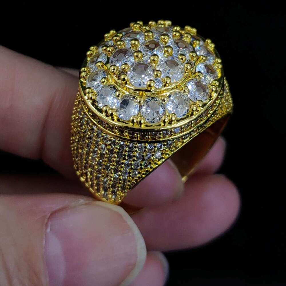 Hip hop trendy copper material, real gold, electroplated flower diamond, men's ring, personalized accessory