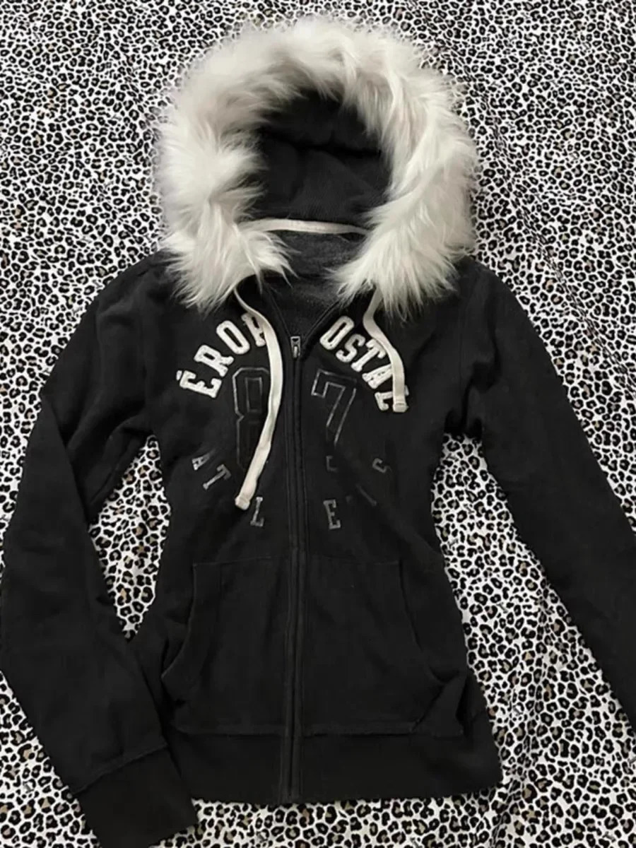 Y2K Womens Zip Up Letter Printed Fur Collar Hoodies Slim Fit Comfortable Simplicity Black Sweatshirts Warm Basic Version Tops 250320