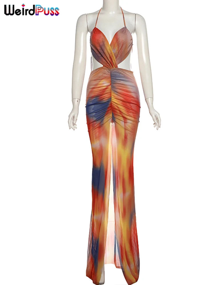 Weird Puss Irregular Ruched Dress Women Sexy Mesh Colorful Gradient Summer Trend Cross Backless Split Hollow Stretch Bodycon 250317
