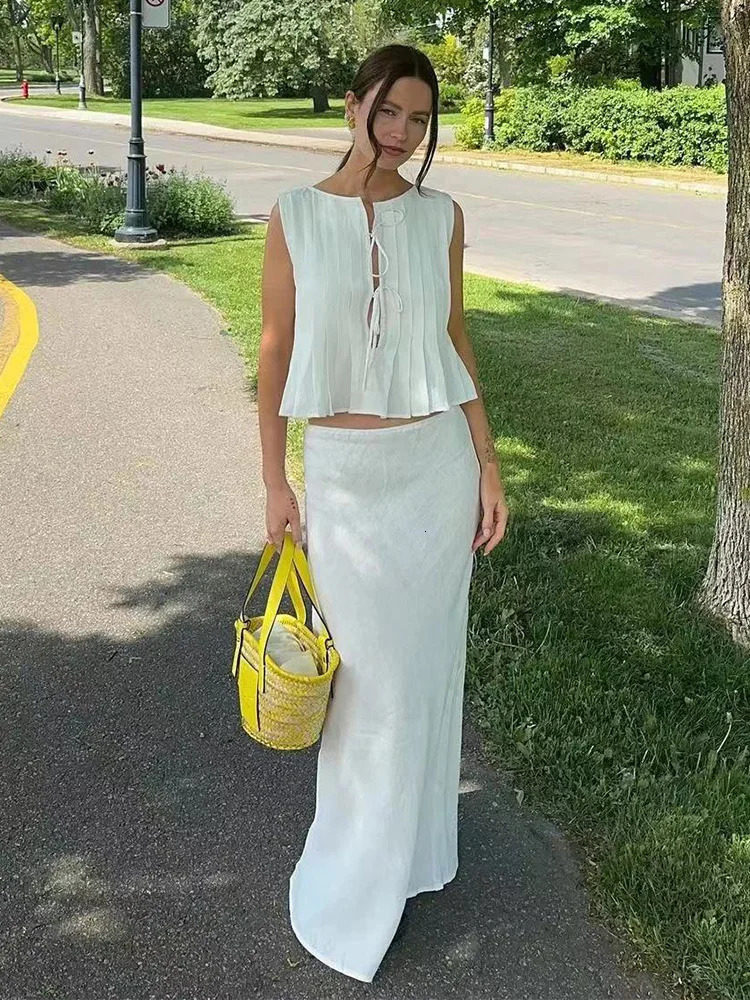Sexy White Sleeveless Tie Shirt Top Long Skirt Two Piece Women Fashion Set Summer Holiday Beachwear Swimwear Cover Up A2860 250320