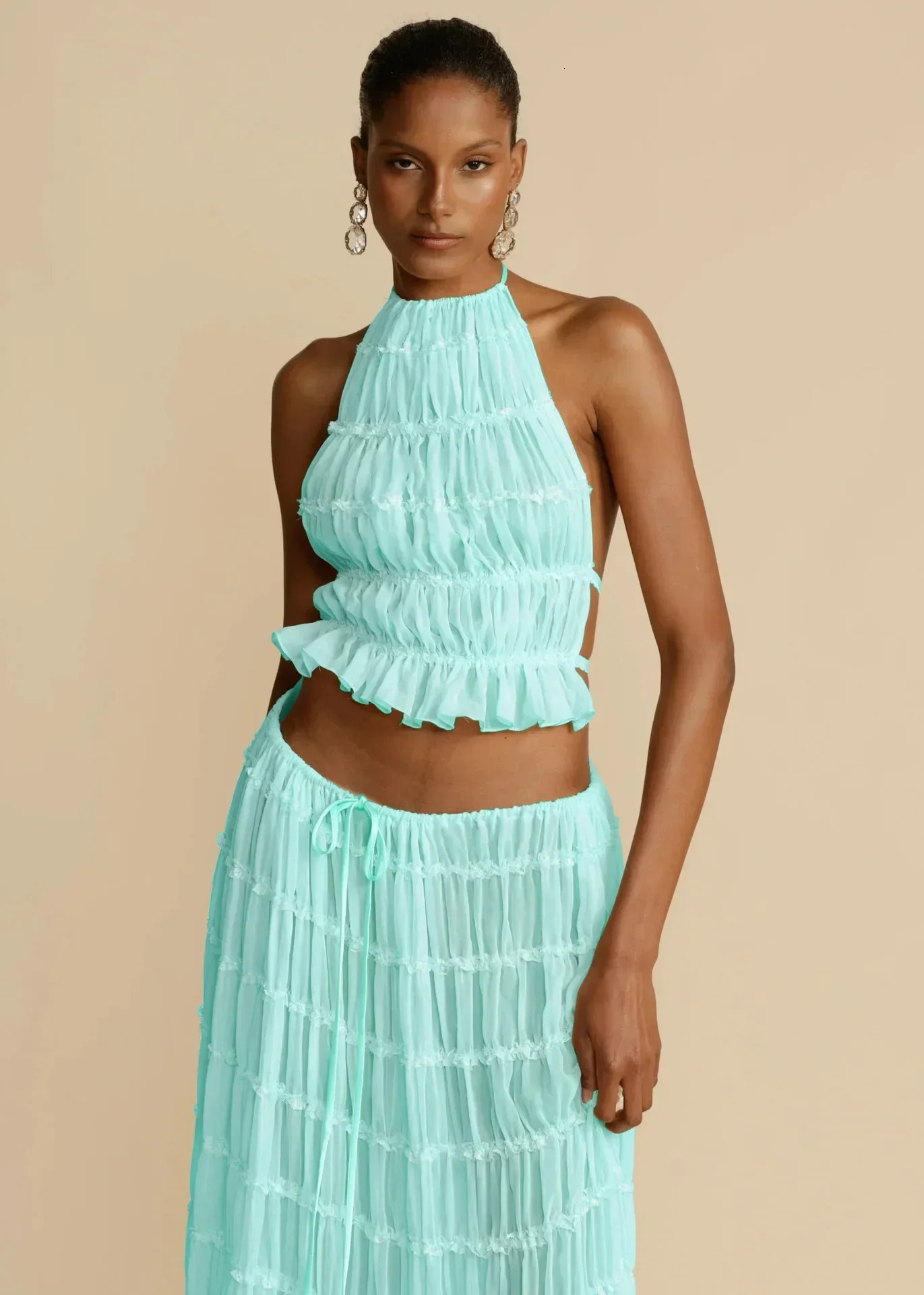 Spring Women Skirts Set Black Halter Backless Vest Lace Up Skirts Sexy Sets Female Casual Elegant Trendy Ladies Clothes 250318