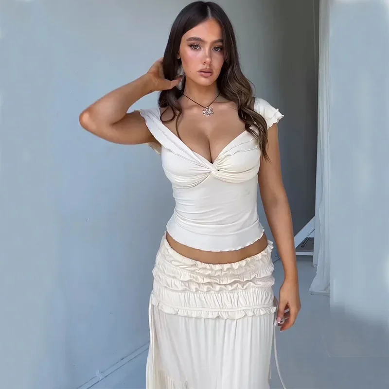 2 Piece Set Women Outfit Crop Top And Skirt Sets Fashion Summer Outfits For Women Vacation Ruffle Beach Holiday Outfits 250320
