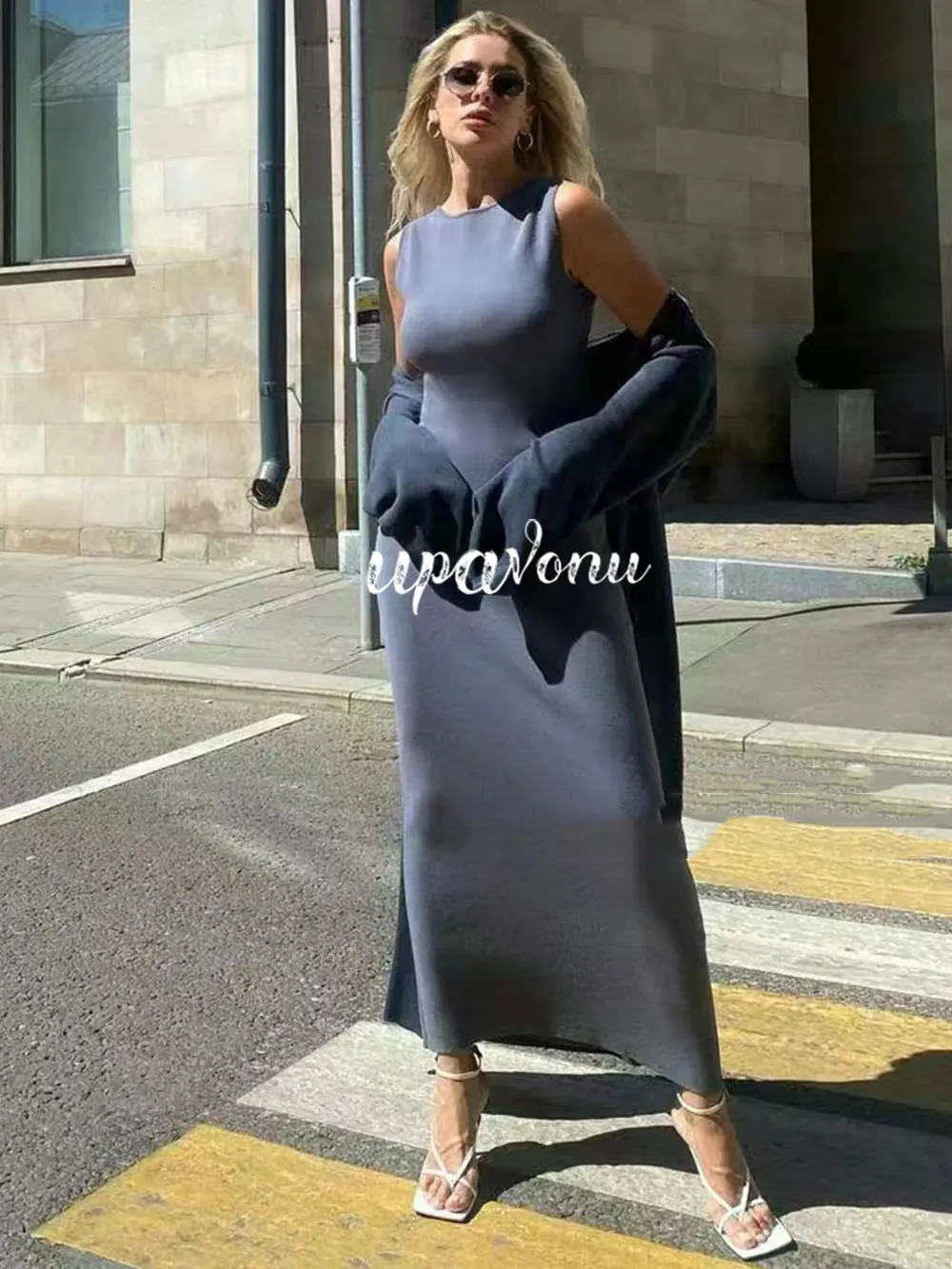 Womens Knitted Long Dress Sets with Polo Collar Long Sleeves Waistband Tie up Cardigan Long CoatSleeveless Dress Two Piece Set 250318