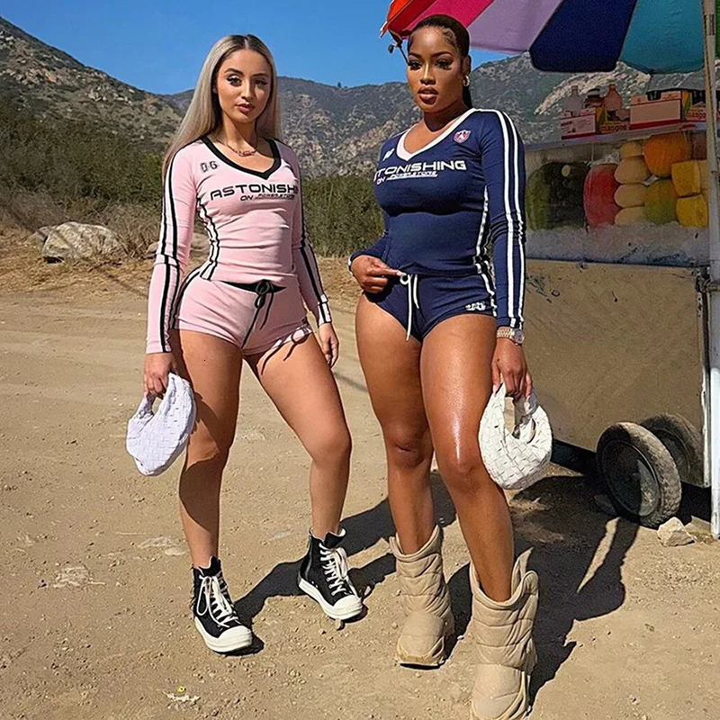 Women Y2K Shorts Sets Long Sleeve V Neck Tops with Short Pants 2 Piece Sets Letter Print Tracksuit Matching Outfits Streetwear 250320