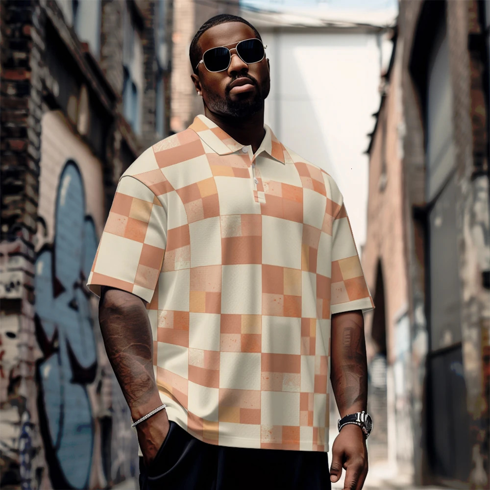 Large mens summer short sleeved lapel Orangebrown plaid printed sleeveDaily casual button polo shirt 250320