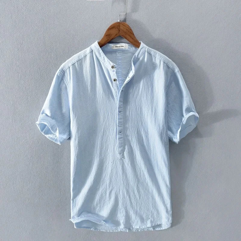 Mens Cotton and Linen Shirt High-end Loose Short Sleeves Half-open Button Henry Collar Linen Breathable Inch Shirt Trendy 250320