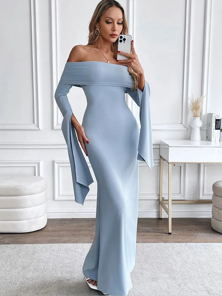 Autumn Dresses Women Sexy Solid Strapless Backless Maxi Dress Streetwear Fashion Split Long Sleeves Casual Slim Lady 250320