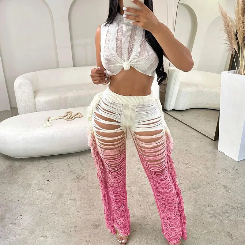 Gradient Color Crochet Two Piece Set for Women Summer Beach Crop Top and Wide Leg Pants Tassel Hollow Out Hole Vacation Outfits 250320