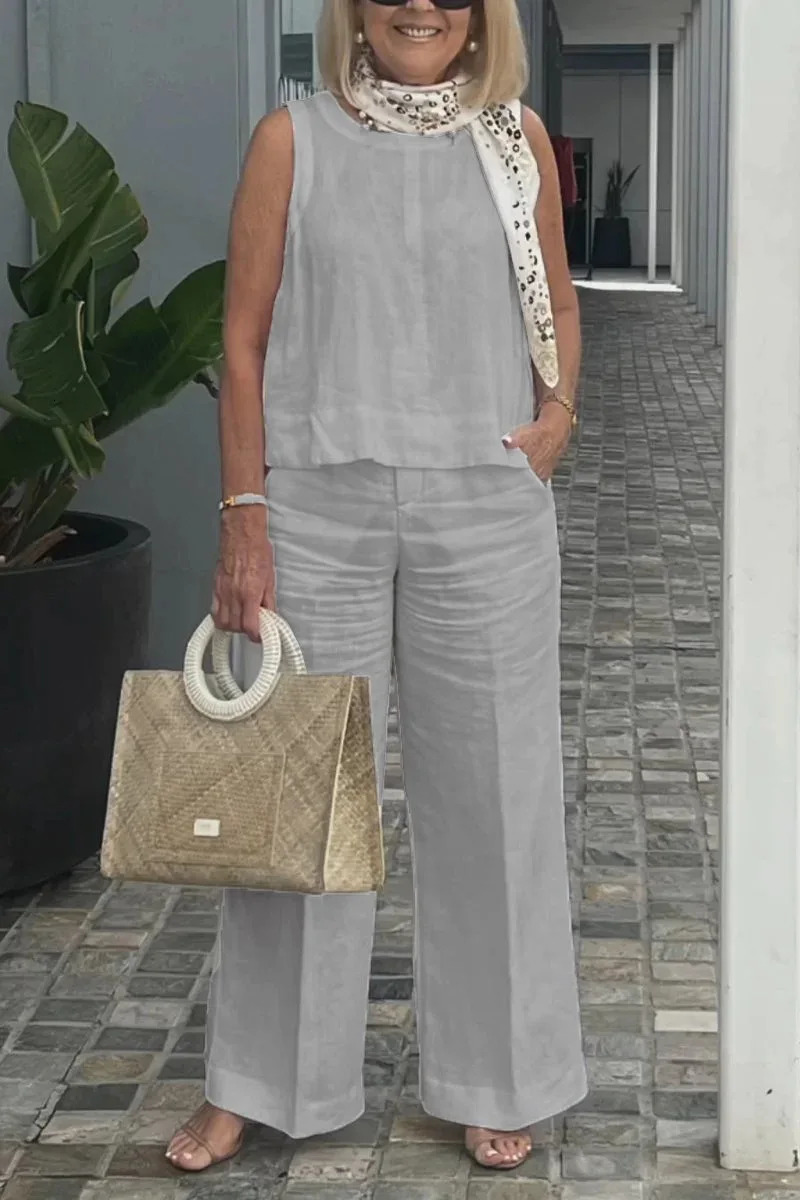 Plus-size womens casual fashion solid color sleeveless loose cotton linen suit plus-size womens clothing 250320