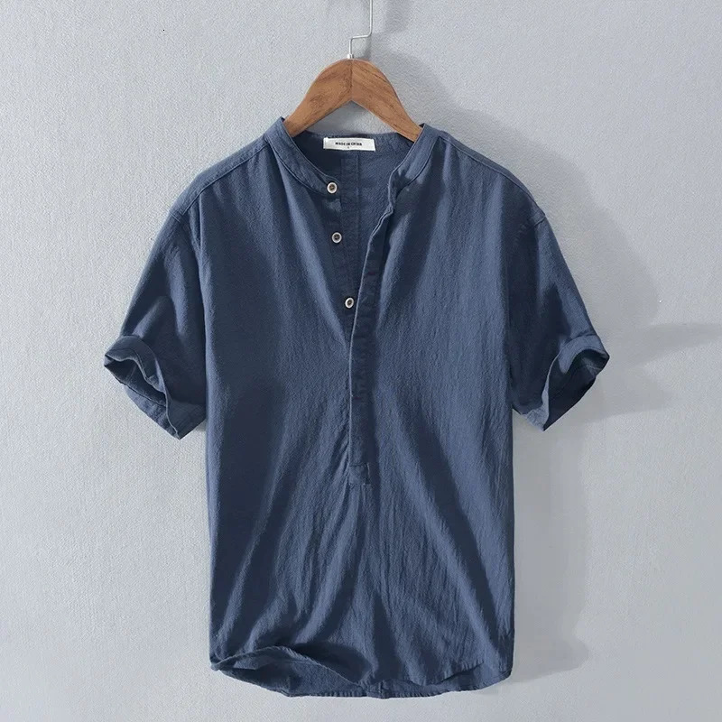 Mens Cotton and Linen Shirt High-end Loose Short Sleeves Half-open Button Henry Collar Linen Breathable Inch Shirt Trendy 250320