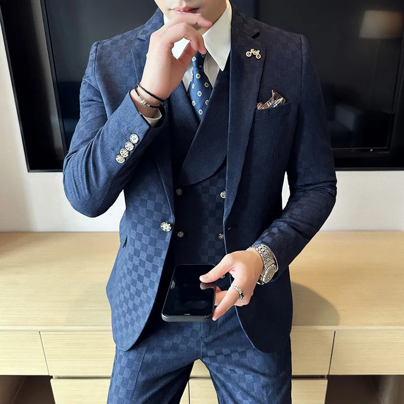 Main Promotion of Singlebreasted Business Wedding Groomsman Loose Suit Threepiece Box Check Comfortable Men 250311