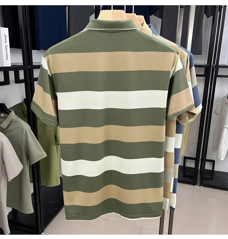 High end short sleeve polo shirt mens 2025 summer trend striped lapel T-shirt casual business Paul mens clothing 250320