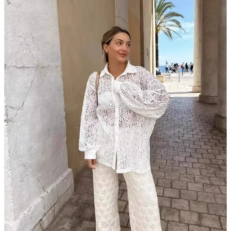 Summer French Style Lace Loose white shirt for women Hollow Out Fittings Shirt 250320