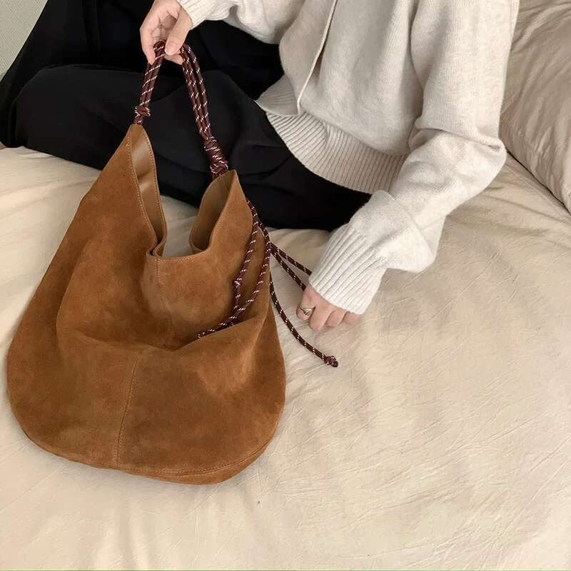 Winter Leisure Stylish Sennit Handle Large Tote Huge Genuine Suede Leather Women Handbag Soft Touch Warm Travel Shoulder Bag