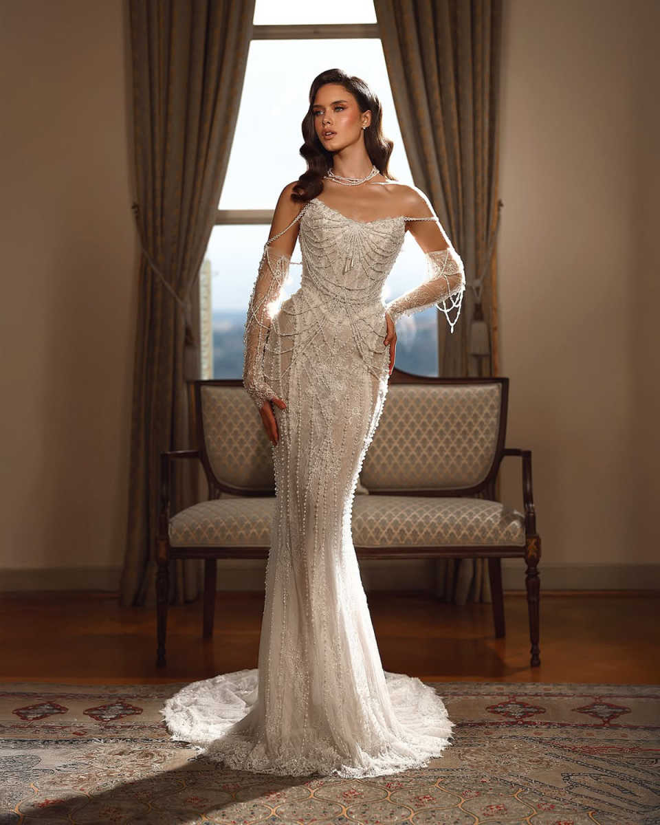 Elegant Mermaid Wedding Dress Strapless Removable Sleeves Bridal Gowns Pearls Beading Lace Sweep Train Dresses Custom Made vestidos de novia