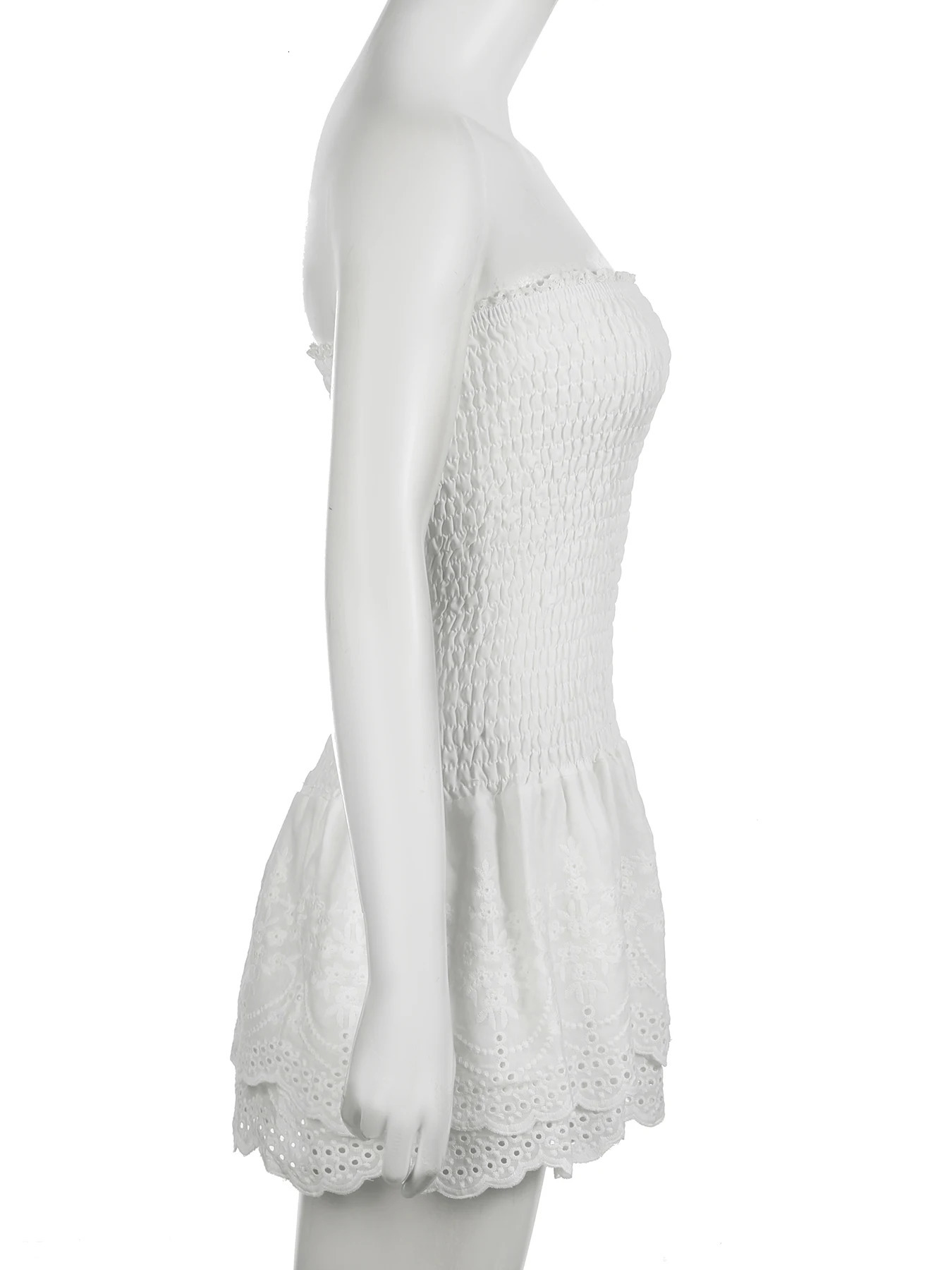 IAMSURE French Style Lace Trim A-Line Dress Sweet Slim Slash Neck Sleeveless Mini Dresses For Women 2025 Summer Tube Dress Lady 250320