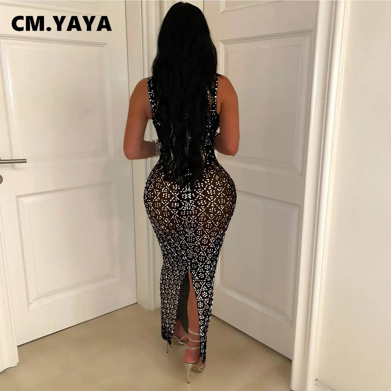 CMYAYA Summer Sleeveless Diamond Long Dress Mesh View Fashion Evening Sexy Party Club Birthday 250320