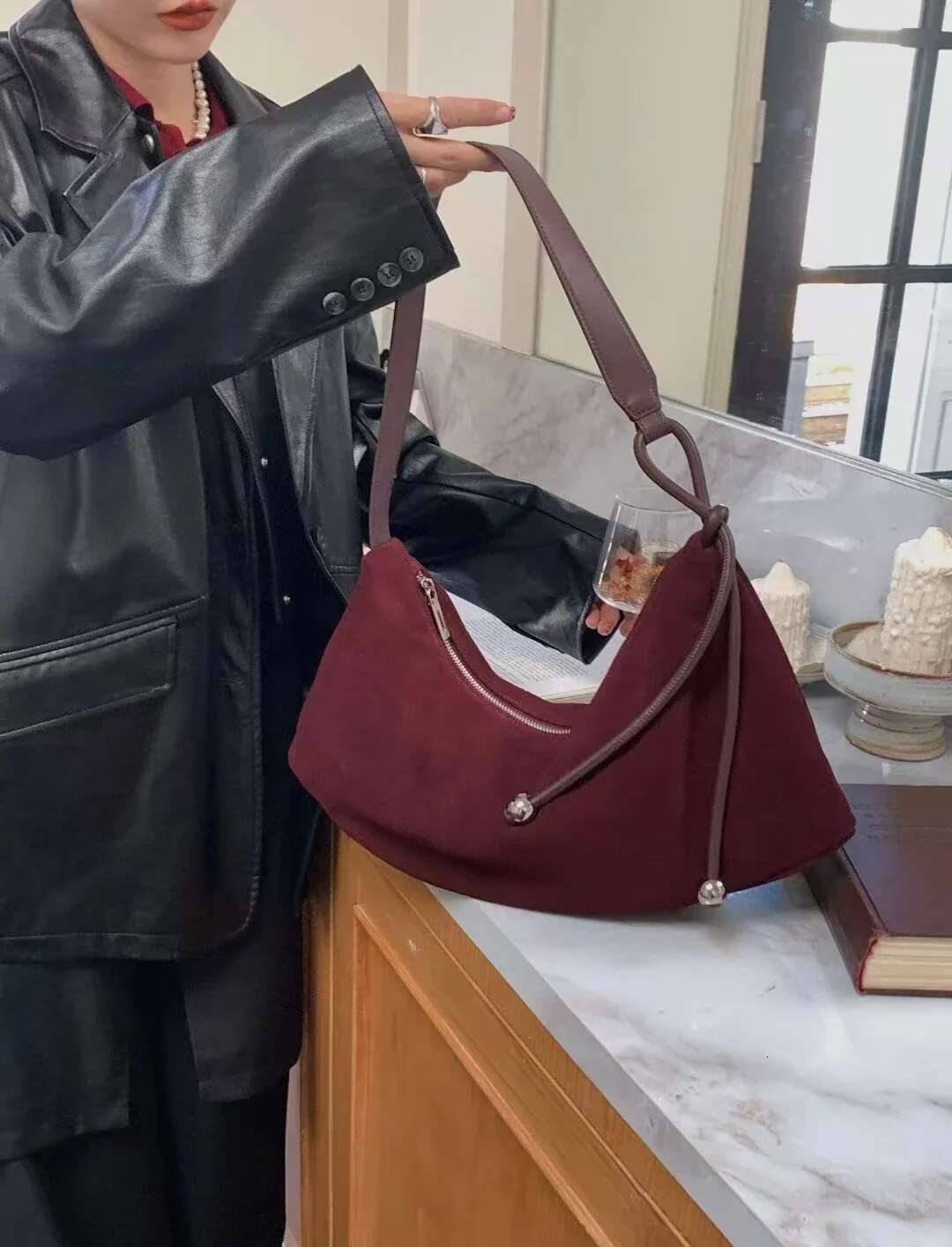 New Fashion Stylish MAROON Carmel Color Soft Nubuck Leather Hobo Shoulder Winter Matte Suede Cowskin Female Crossbody Bag