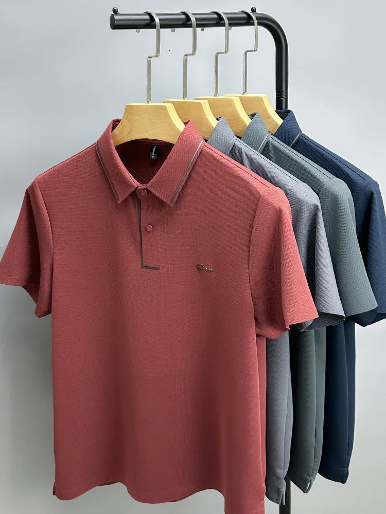 Lightweight ice silk short sleeved T-shirt mens flip collar casual summer fashion embroidery cool breathable polo shirt 250320