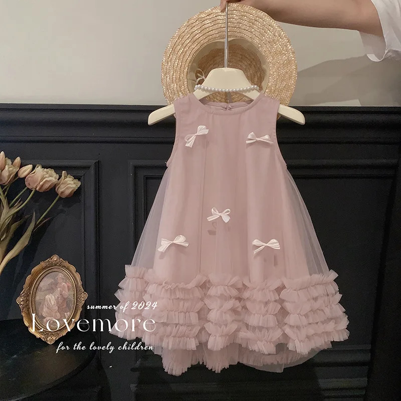 Summer Kids Girl Party Princess Dresses Bow Sweet Sleeveless Infant Baby Girls Tulle Dress Gauze Dresses for Girls 2 To 8 R250424
