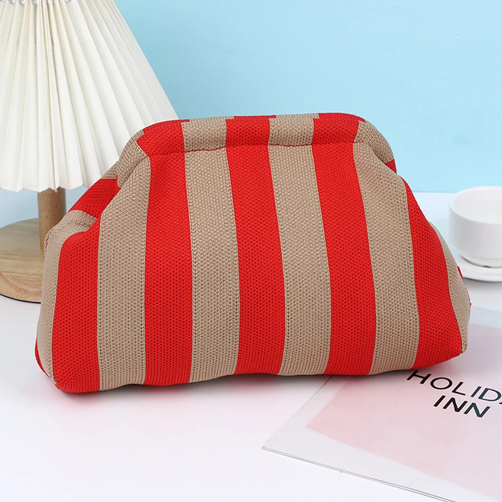 Women Knit Stripe Purse Contrast Color Small Crochet Handbag Knitting Dumpling Clutch Summer Beach Bag 250317