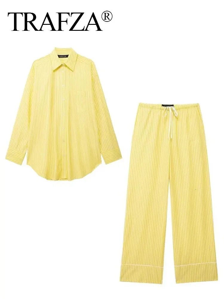 TRAFZA Women Yellow Stripe Blouse Pant Suit Loose Long Sleeve Shirt Drawstring Trousers Female Fashion Streetwear Outfits 250320