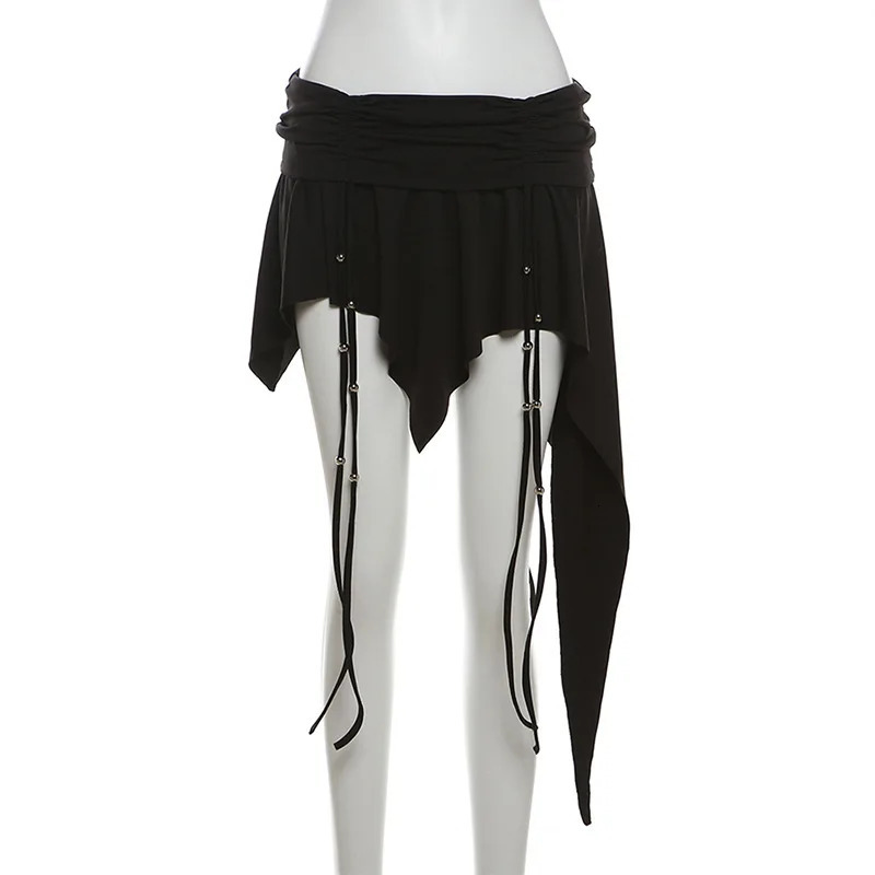 Goth Dark Mall Gothic Dropped Waist Drawstring Mini Skirt Punk Grunge Women Irregular Hem A-line Skirts Chic E-girl Techwear Y2K 250320