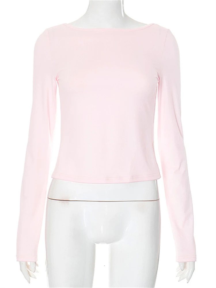 Absobe Pink Backless Lacing Crop Top Womens Crew Neck Long Sleeved Solid Slim T-shirt Winter And Spring Streetwear 250320