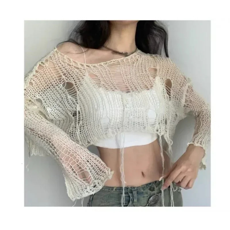 White Slash Neck Grunge Knitted Womens Sweater Hole Ripped Pullover Crop Top Harajuku Hollow Out Sexy Summer Jumpers 250319
