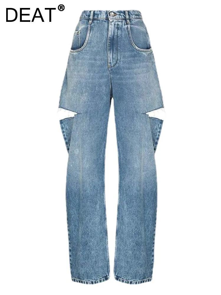 DEAT Fashion Womens Loose High Waist Wide Leg Denim Pants Hollow Blue Long Straight Jeans Spring Fashion L2901H 250320